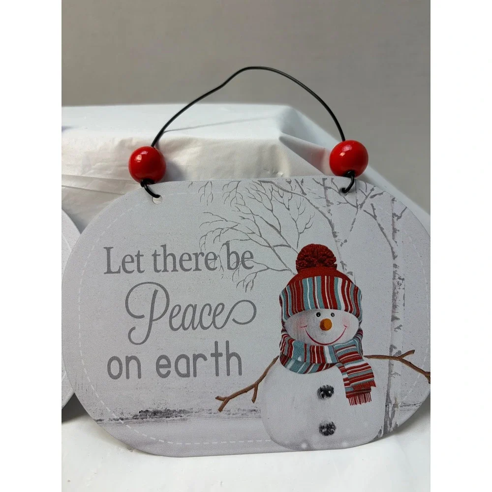 Set of 2 Snowman Christmas Hanging Signs Winter Wishes Peace on Earth C22244